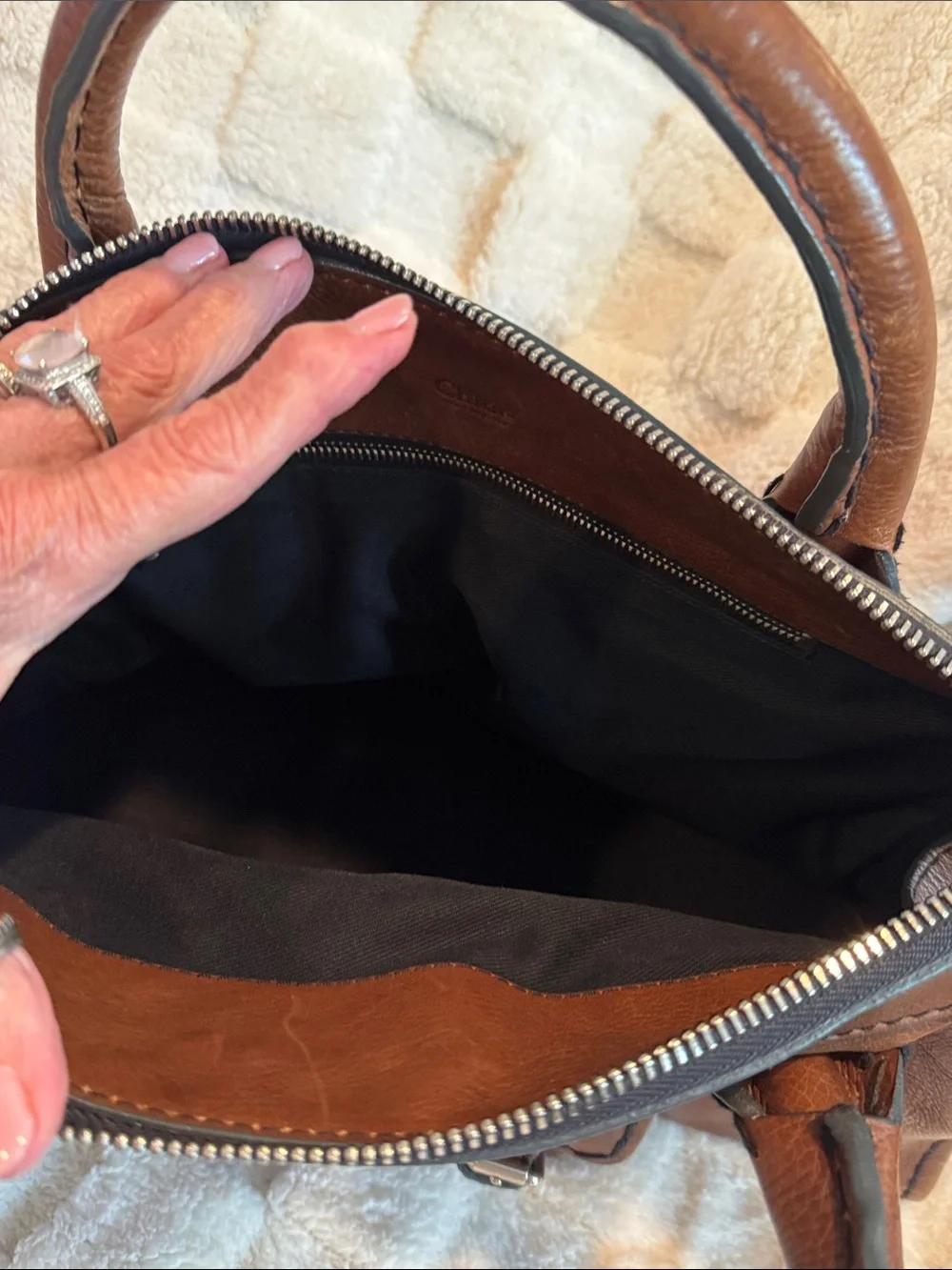 Chloe Whiskey Brown Leather Satchel with Front Buckle Pocket